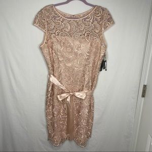 Adrianna Papell lace over lay pink cream dress